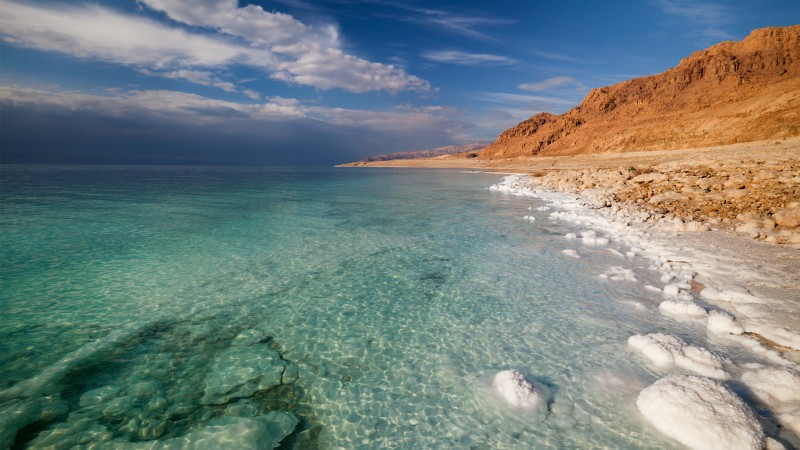 Dead Sea, 5k, 4k wallpaper, Israel, Palestine, Jordan, sea, water, sky, clouds, transparent, salt (horizontal)