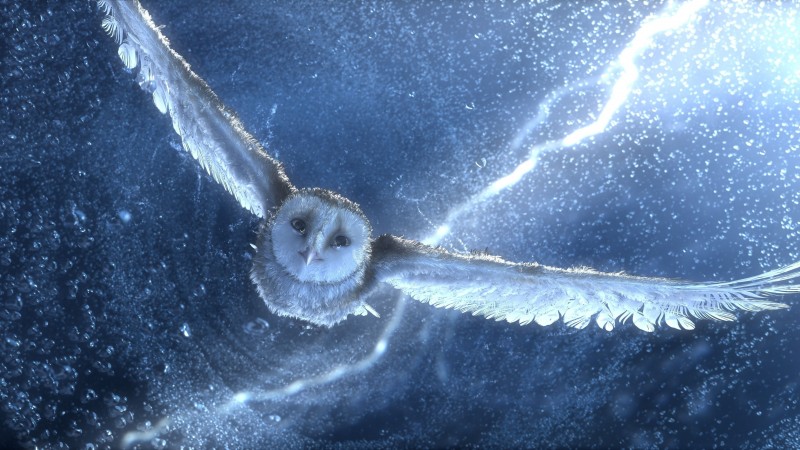 Owl, flying, snow, storm, lightning, blue, bird, art (horizontal)