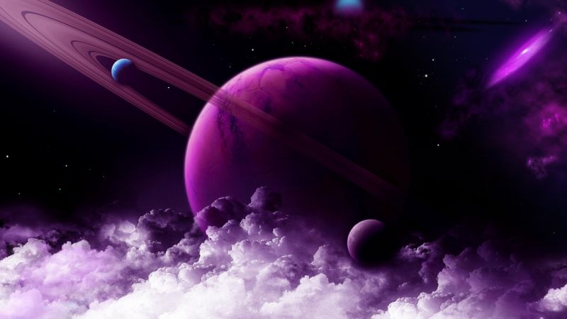 Saturn, planet, purple, 4k (horizontal)
