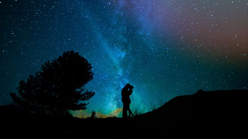 love image, kiss, night, sky, stars, 4k (horizontal)