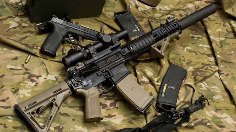 M4, Larue Tactical, assault rifle, MWS, M4A1, custom, scope, silencer, ammunition, camo (horizontal)
