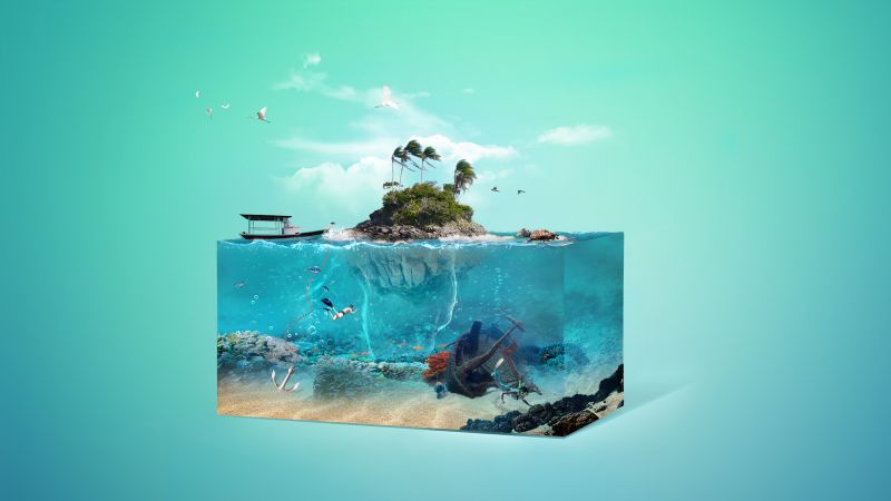 art, palm, island, underwater, 4k (horizontal)