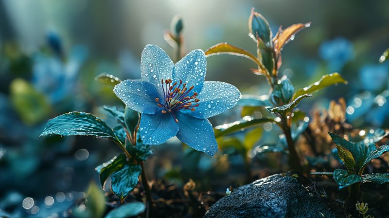 Flowers, blue, rain (horizontal)