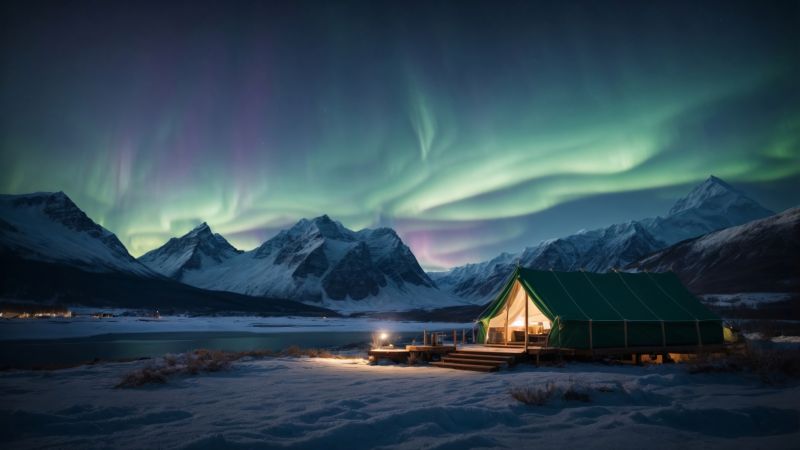 polar lights, mountains, winter (horizontal)