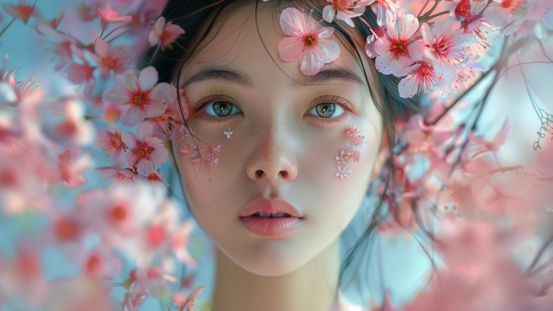 anime girl, blossom, flowers (horizontal)
