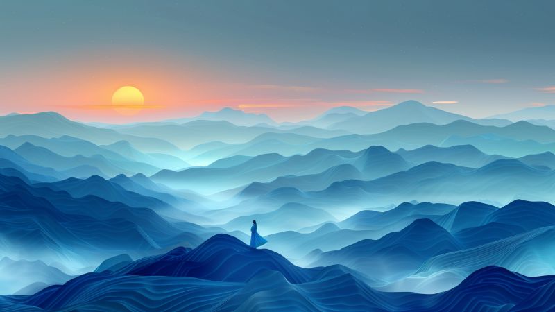 waves, blue, sunset (horizontal)