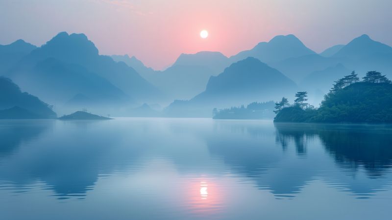 mountains, lake, sunset (horizontal)