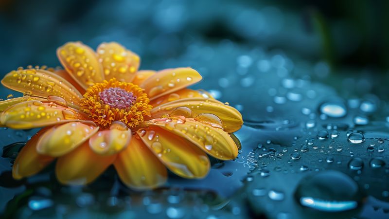flower, yellow, raindrops (horizontal)