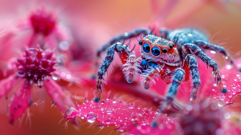 spider, pink, raindrops (horizontal)