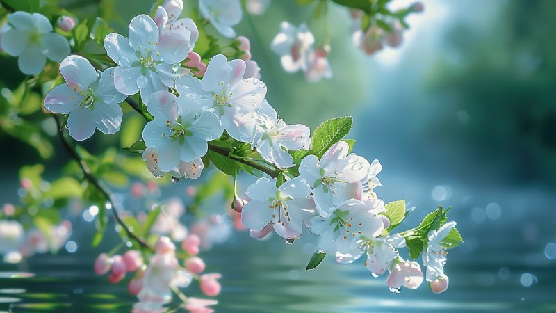 blossom, white, water (horizontal)