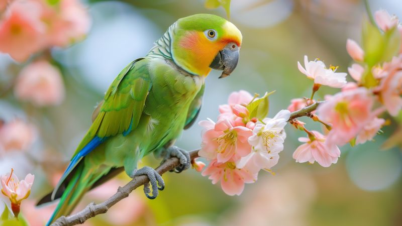 parrot, blossom, pink (horizontal)