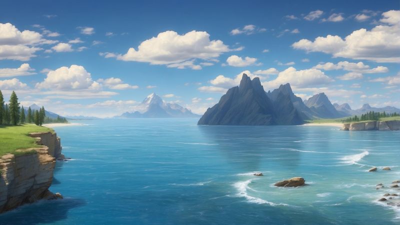 sea, ocean, mountains (horizontal)