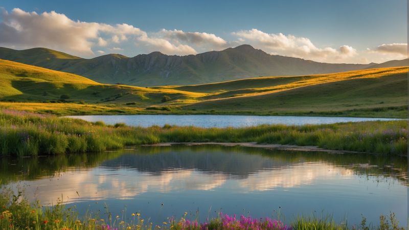 meadows, lake, mountains (horizontal)