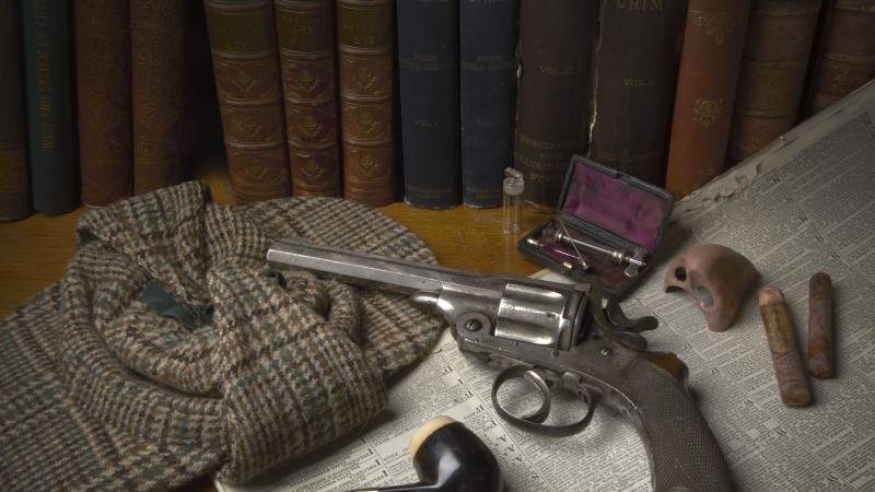 antique revolver, classic pistol, books, bullets, gunpowder (horizontal)