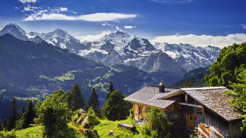 Switzerland, 5k, 4k wallpaper, 8k, mountains, sky, house (horizontal)