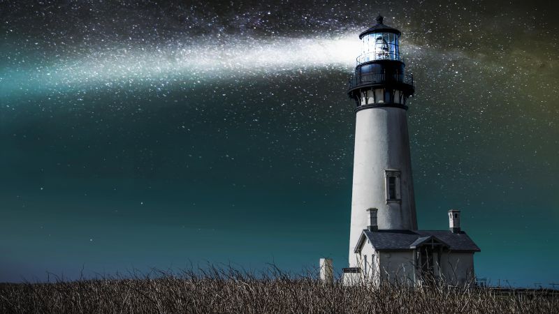 Lighthouse, 5k, 4k wallpaper, 8k, meadows, night, stars (horizontal)
