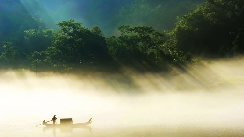 River, 5k, 4k wallpaper, sunlight, trees, boat, fog (horizontal)