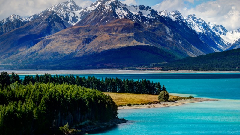 Lake Tekapo, 5k, 4k wallpaper, South Island, New Zealand, booking, rest, travel, mountains, sky, clouds, vacation (horizontal)