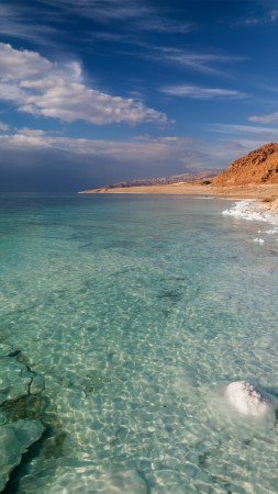 Dead Sea, 5k, 4k wallpaper, Israel, Palestine, Jordan, sea, water, sky, clouds, transparent, salt (vertical)