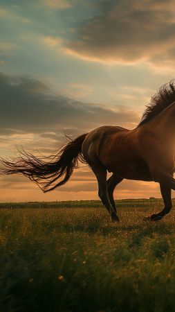horse, 5k, 4k wallpaper, hooves, mane, galloping, black, sunset, green grass, sky, clouds (vertical)