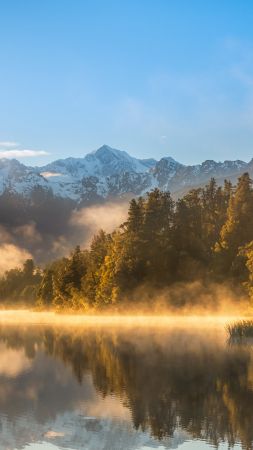 autumn, fog, forest, lake, mountains, 4k (vertical)