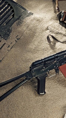 AK-74, Kalashnikov, AK-47, assault rifle, Russia, USSR, ammunition, sand (vertical)