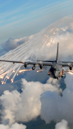AC-130, air support, gunship, Lockheed, U.S. Air Force, ground-attack, aircraft, flares (vertical)
