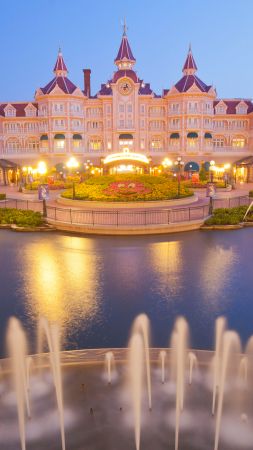 Disneyland Hotel, Paris, France, Europe, fountain, 4k (vertical)