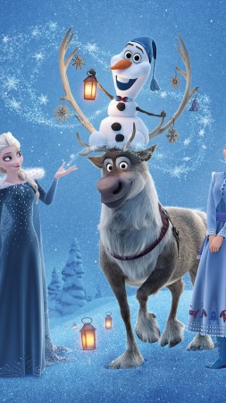 Olaf's Frozen Adventure, Elsa, Anna, winter, deer, snow, 4k (vertical)