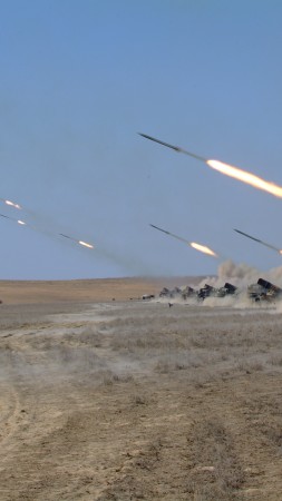 Naiza, MRL, multiple rocket launcher, artillery, Kazakhstan Armed Forces, desert, firing (vertical)