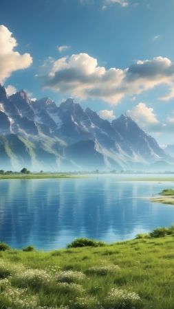 mountains, lake, water (vertical)