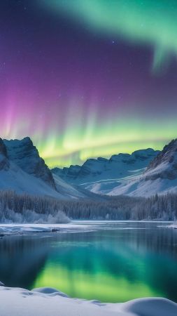 mountains, lake, winter, northern lights (vertical)