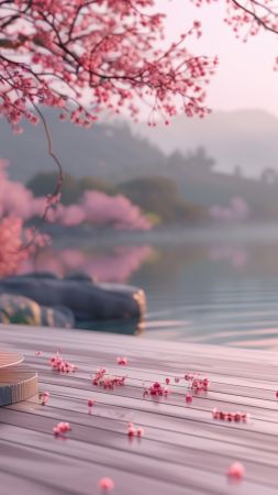 blossom, pink, lake (vertical)