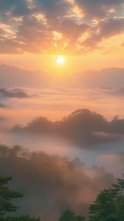 mountains, forest, sunset (vertical)
