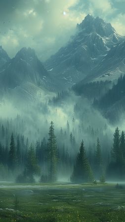 mountains, forest, clouds (vertical)