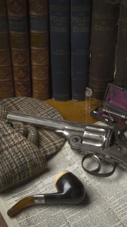 antique revolver, classic pistol, books, bullets, gunpowder (vertical)