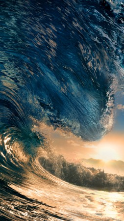 Sea, 5k, 4k wallpaper, ocean, water, wave, sunset, sky, rays, sun, blue (vertical)