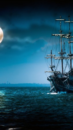 ship, sea, moon, night (vertical)