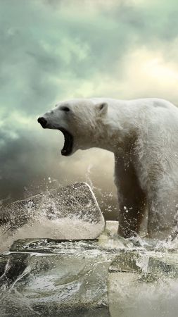 Polar bear, ice, roar, ocean (vertical)