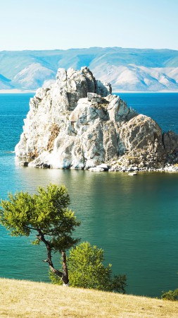 Baikal, 5k, 4k wallpaper, rocks, lake, shore (vertical)