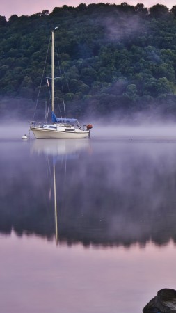 Lake, 4k, 5k wallpaper, fog, hills, boat, reflection (vertical)