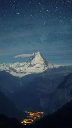 Switzerland, 4k, 5k wallpaper, Alps, mountains, stars, night (vertical)