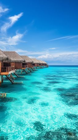 Maldives, 5k, 4k wallpaper, holidays, vacation, travel, hotel, island, ocean, bungalow, beach, sky (vertical)
