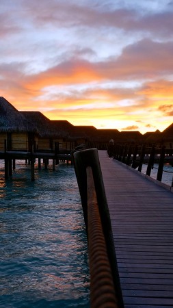 French Polynesia, 4k, HD wallpaper, sunset, sky, clouds, vacation, rest, travel, booking, ocean, bridge, bungalow (vertical)