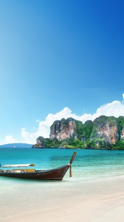 Thailand, 5k, 4k wallpaper, 8k, beach, shore, boat, rocks, travel, tourism (vertical)
