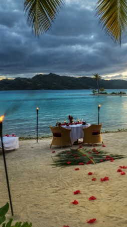 Bora Bora, 4k, HD wallpaper, French Polynesia, ocean, dinner, sunset, fire, torch, palm trees, beach, vacation, rest, travel, booking, palm trees,  (vertical)