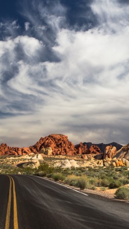Las Vegas, 4k, HD wallpaper, 5k, the Valley of Fire State Park, road, clouds, mountain, valley, day, sky (vertical)