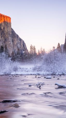 Yosemite, 5k, 4k wallpaper, National Park, California, USA, winter, tourism, travel, lake, mountain (vertical)