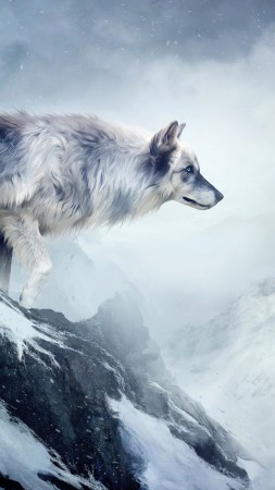 wolf, 4k, HD wallpaper, mountain, girl, animals, winter, drawing, snow, fantasy, art (vertical)