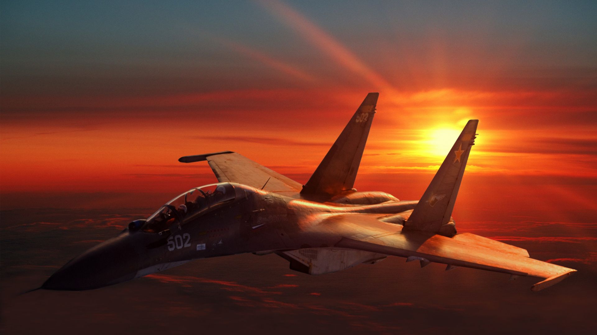 Sukhoi Su-30, fighter aircraft, sunset (horizontal)